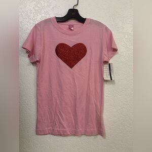 🆕 NEW - Pink Girls XL Tshirt with Glitter Heart in RED Valentines Day top